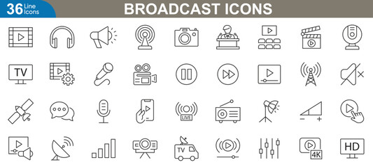 Broadcast line icons set. Live streaming, radio, television, podcast, news, signal, video and more. vector illustration.