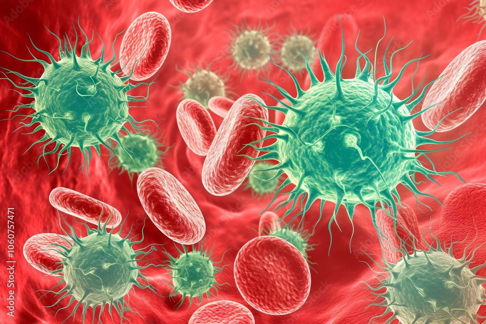 Cancer cells amidst red blood cells in the bloodstream. Oncology and ...