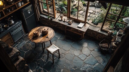 A serene wabi-sabi kitchen nook invites tranquility with a small wooden table and views of nature