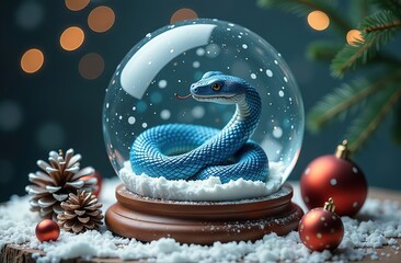 Wall Mural - A blue snake inside a snow globe surrounded by pinecones and ornaments in a cozy winter setting 