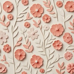 Wall Mural - A seamless pattern of pink and white paper flowers and leaves on a light background.