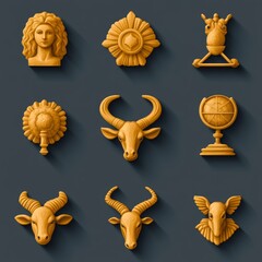 A set of nine golden icons depicting various historical and mythical motifs, each with a long shadow, on a dark blue background.