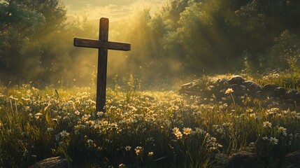 Sacred Cross Standing in Divine Faith: Spiritual Heavenly Peaceful Scene of Resurrection and Salvation Bringing Hope Through Morning Light and Natural Beauty