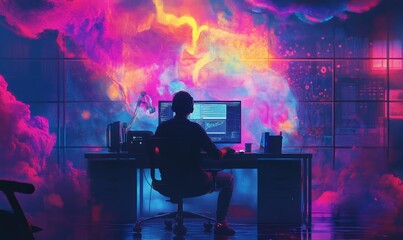Silhouetted person working at a computer with neon lights.