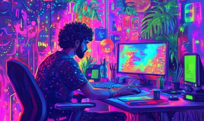 Man in a neon-lit room using computer.