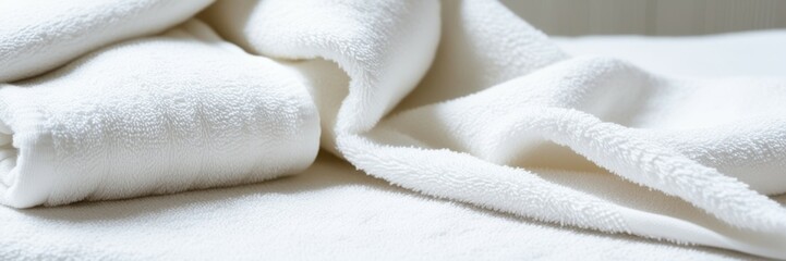 Soft white towels, folded neatly, close-up texture, cotton fabric, fluffy material, clean and fresh, spa atmosphere, minimalist composition, bright lighting, crisp details, serene mood, hygiene concep