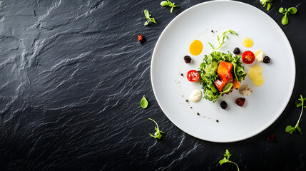 A beautifully presented gourmet salad featuring fresh greens, vibrant vegetables, and artistic sauce drizzles, served on a white plate against a dark slate background.