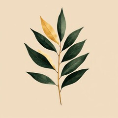 Wall Mural - A single branch with green leaves and one gold leaf on a beige background.