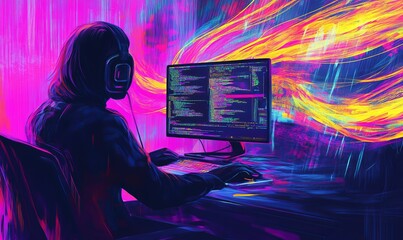 Silhouetted programmer coding in neon glow.