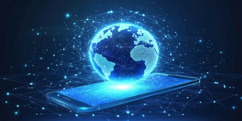 A blue phone with a white screen shows a hologram of Earth. The design is modern and uses a low-poly style with geometric shapes and a wireframe structure.