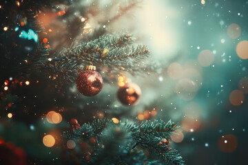 Christmas tree adorned with colorful lights and sparkling bokeh creating a festive and magical atmosphere.