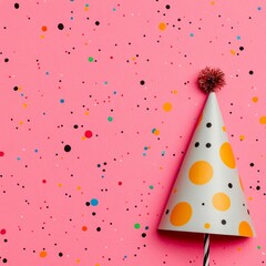 Wall Mural - A single party hat with a yellow and black polka dot pattern on a pink background with confetti.