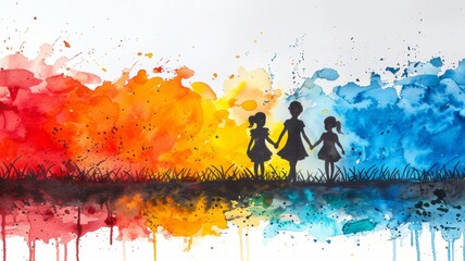 A silhouette of a parent and two children holding hands in a vibrant watercolor landscape, surrounded by colorful hues of orange, blue, and yellow, evoking warmth and connection