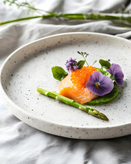 A beautifully plated salmon dish featuring vibrant edible flowers, green herbs, and asparagus, highlighting contemporary culinary presentation.