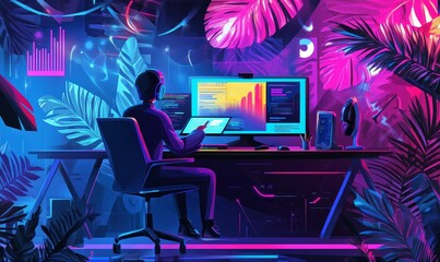 A person coding at a desk in a neon room.