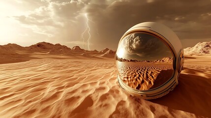 Astronaut Helmet Reflects Thunderstorm Over Desert Landscape