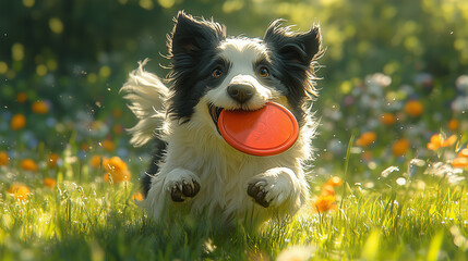 Energetic Border Collie sprinting through the grass with a frisbee in its mouth: The Border Collieâs legs are stretched out as it runs, holding a red frisbee in its mouth, with a g