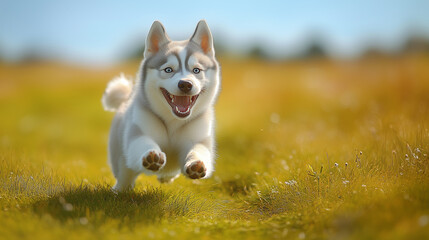 Husky running across a sunny field with a big smile: A Huskyâs paws are visible as it dashes forward, its mouth open in a joyful expression. The green grass and clear blue sky in t