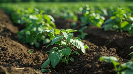 Wall Mural - A close-up of a young plant growing in a field of rich soil, its green leaves reaching for the sun.