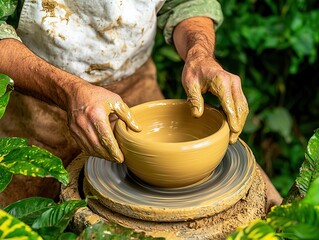 Potter's Hands Shaping Clay on a Wheel.