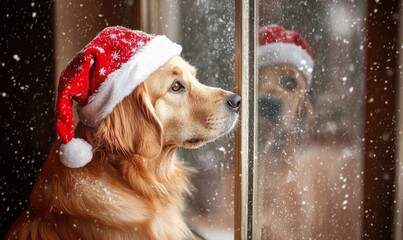 A pet Ridgeback dog wearing a Santa Claus hat sits by a window with snow falling behind him