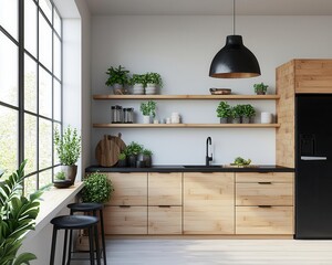 Ecofriendly bamboo kitchen, minimalist design, black appliances, natural lighting for a clean aesthetic