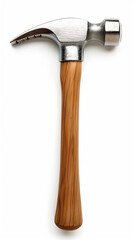 Hammer tool with a wooden handle and a metal head. The hammer head has two ends: one flat for tapping and the other with a serrated claw for pulling nails.