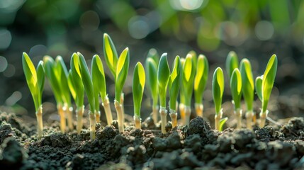 Wall Mural - A close-up shot of vibrant green seedlings emerging from rich soil, symbolizing new life and growth.