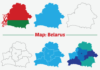  Belarus Map Flag, Vector silhouette map of belarus, Krychaw district outline map set belarus.