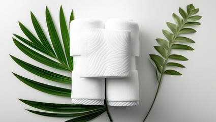 White cosmetic bottles, tropical palm leaves, minimalist bathroom products, clean skincare packaging, natural beauty concept, green and white color scheme, textured background, product photography, sp