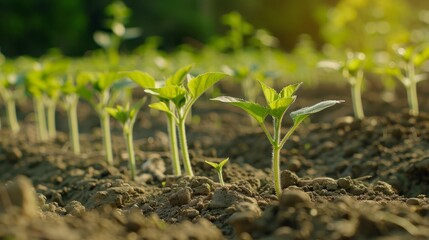 Wall Mural - Close-up view of a field of young green plants growing in fertile soil, bathed in warm sunlight.