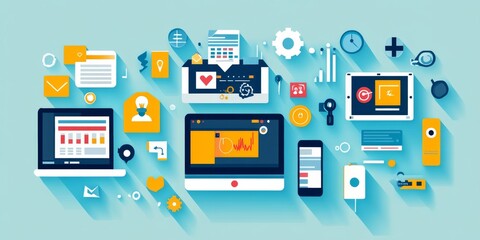 A web design studio showcases their responsive website design on different devices: computer, laptop, phone, and tablet. The presentation features a blue background with design elements.