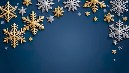 Wall Mural - Golden and silver snowflakes of various sizes are framing a dark blue copy space with scattered golden confetti, creating a festive christmas background.