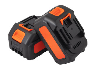 Two lithium batteries for a screwdriver, drill and impact wrench. Black battery with orange decorative inserts. Isolated object on transparent background