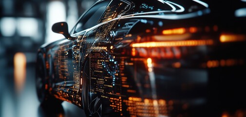 Aufkleber - A sleek, modern car with dynamic lighting reflecting on its surface, set against a blurred backdrop to emphasize speed and innovation.