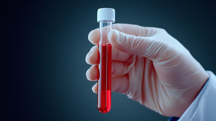 close up of hand holding test tube filled with red liquid, symbolizing science and research