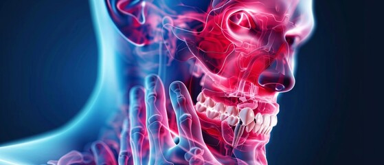 Wall Mural - human skull with blue jawbone and red rest, partially transparent against black backdrop on left sid