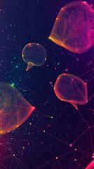 Fototapete - Speech bubbles forming abstract network, connecting dots with lines on dark background with glowing particles