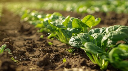 Wall Mural - Close-up of vibrant green spinach plants growing in rich, dark soil. The plants are healthy and thriving, ready for harvest.