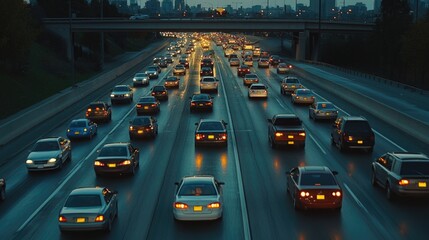 A busy highway with heavy traffic near a bridge, great for travel or transportation concepts