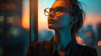 Wall Mural - A woman wearing glasses and a black suit is looking out a window