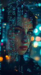 Aufkleber - Woman coding on a transparent screen in a dimly-lit cityscape