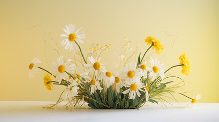 White and yellow spring flowers on yellow background.