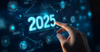 © MOUNSSIF - 2025 new year future business tech company development innovation creative idea artificial intelligence AI digital computer technology, data online security, graphic icon illustration blue background