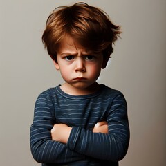 Mad male kid, angry little boy standing with his arms crossed, and looking at the camera with upset face expression. Unhappy toddler, studio shot, annoyed and frustrated child emotion.