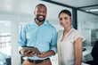 © peopleimages.com - Business people, tablet and portrait with smile and collaboration for copy editing project. Management, diversity and teamwork with staff with tech for digital book editor at publishing company