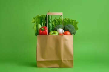 Paper bag with fresh vegetables on a green background. healthy eating concept