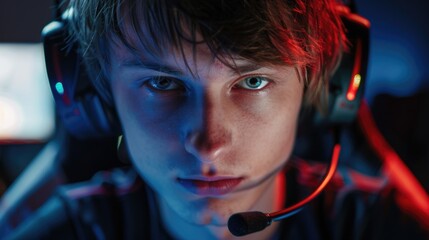 A young man focused on his work at a desk with a computer monitor and headset