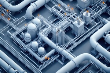 Wall Mural - High-tech fuel refinery plant, complex network of pipelines, futuristic industrial design