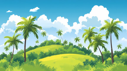 Wall Mural - A lush hillside is blanketed with vibrant greenery, palm trees sway gently in the breeze, and a brilliant blue sky is dotted with fluffy white clouds. Lush Hillside. Illustration